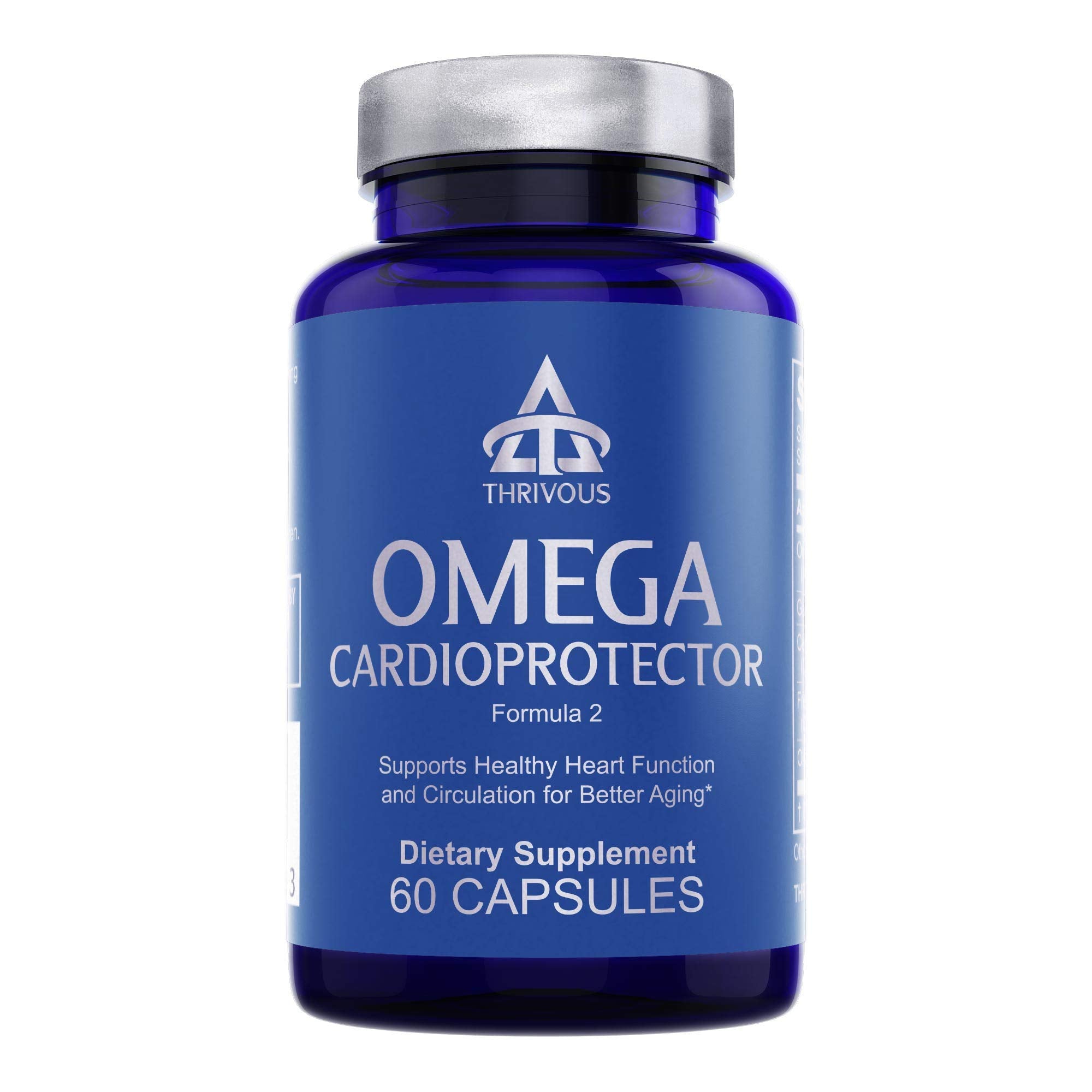 Thrivous Omega Cardioprotector bottle closeup shows AvailOm Omega-3 for absorption