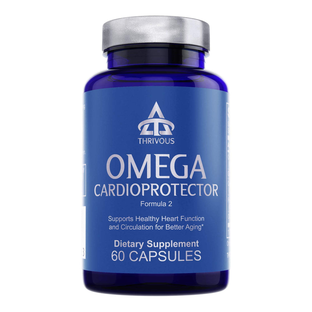 Thrivous Omega Cardioprotector bottle closeup shows AvailOm Omega-3 for absorption