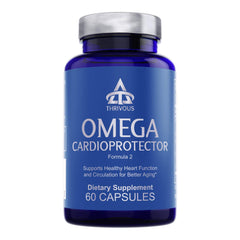 Thrivous Omega Cardioprotector bottle closeup shows AvailOm Omega-3 for absorption
