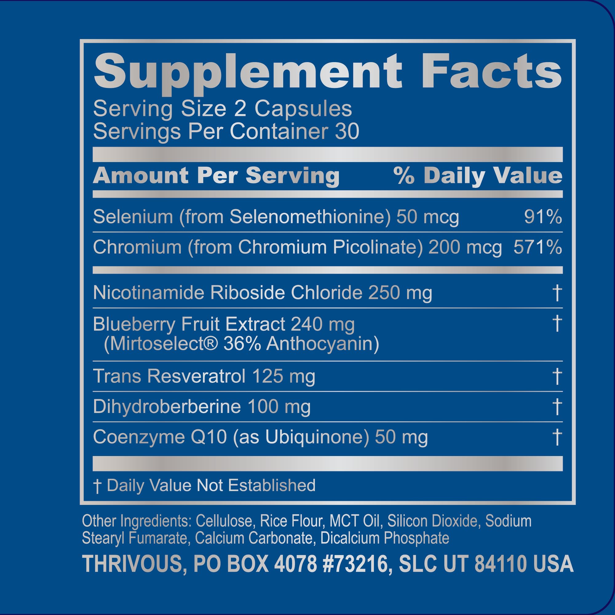 Thrivous Vitality Geroprotector capsules with water illustrating a daily dose intake.