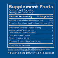 Thrivous Vitality Geroprotector capsules with water illustrating a daily dose intake.