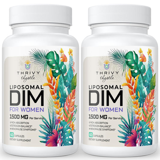 ThrivyThystle liposomal DIM bottle; easy daily support for balance.