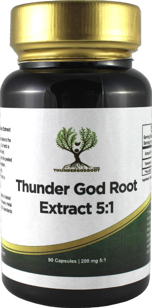 Thunder God Vine Root 5:1 extract bottle with capsules for daily wellness.