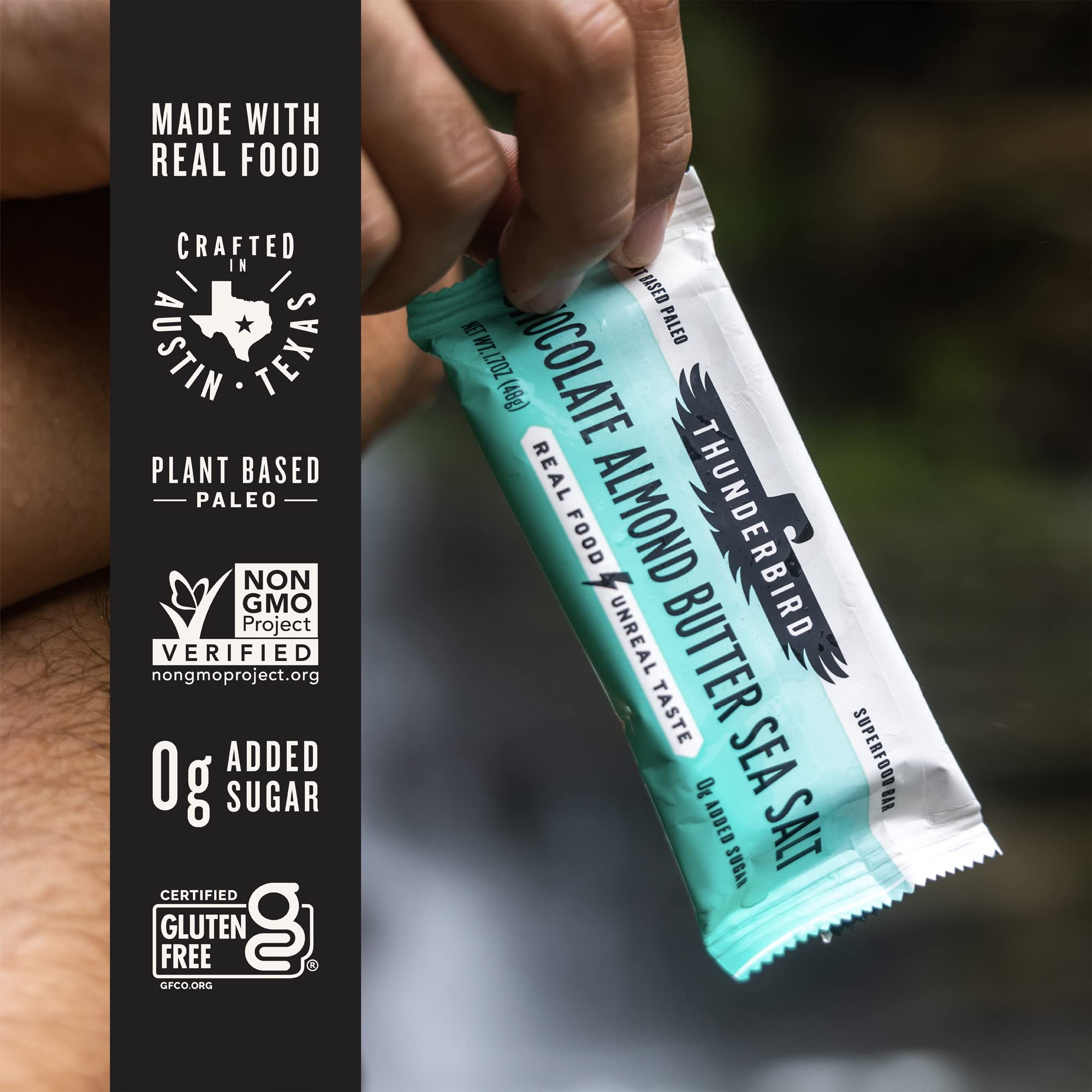 Thunderbird Bars bite-shot shows chocolate almond butter sea salt texture.