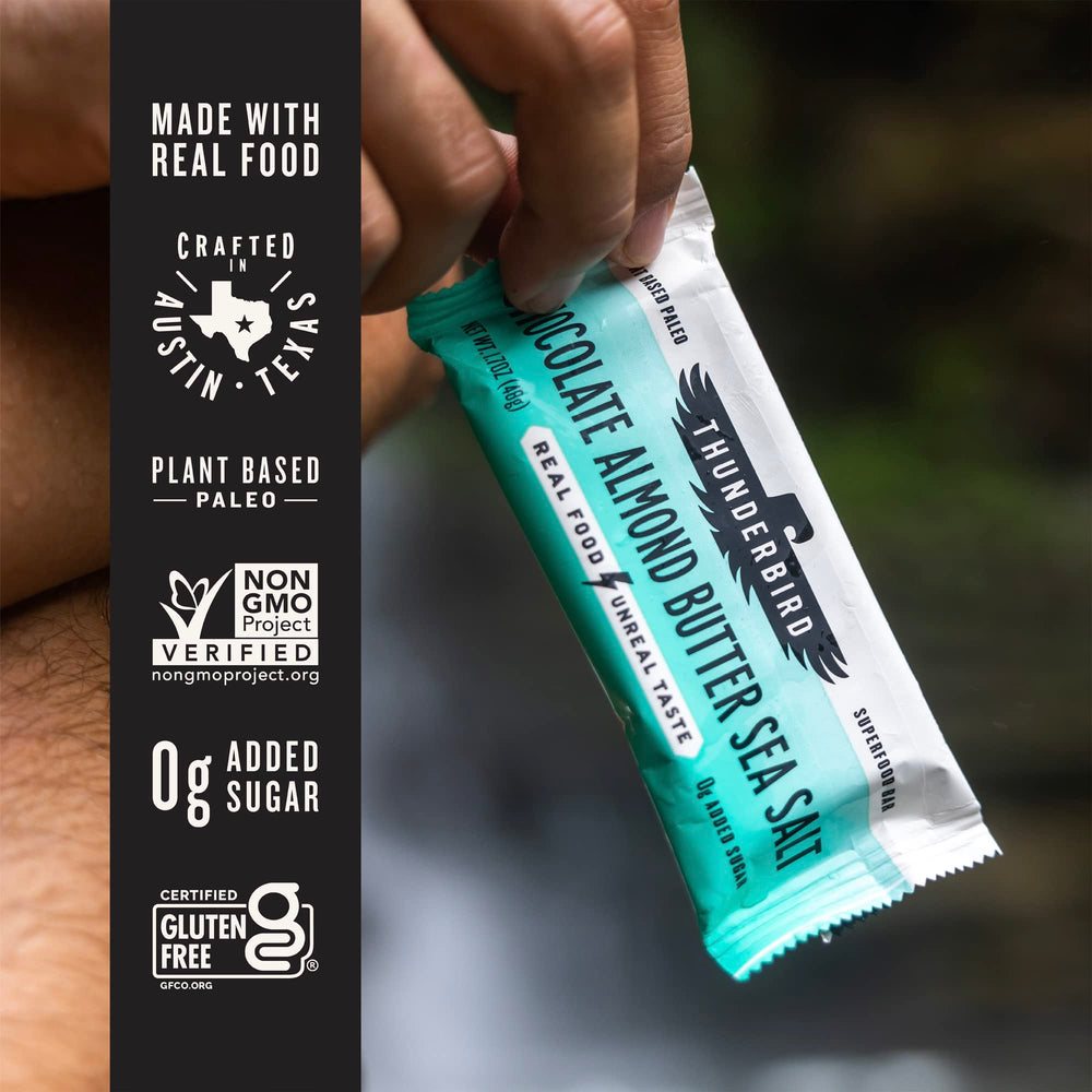 Thunderbird Bars bite-shot shows chocolate almond butter sea salt texture.