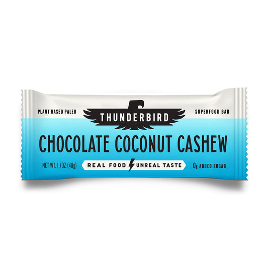 Thunderbird Bars chocolate coconut cashew energy bar for on-the-go fueling.