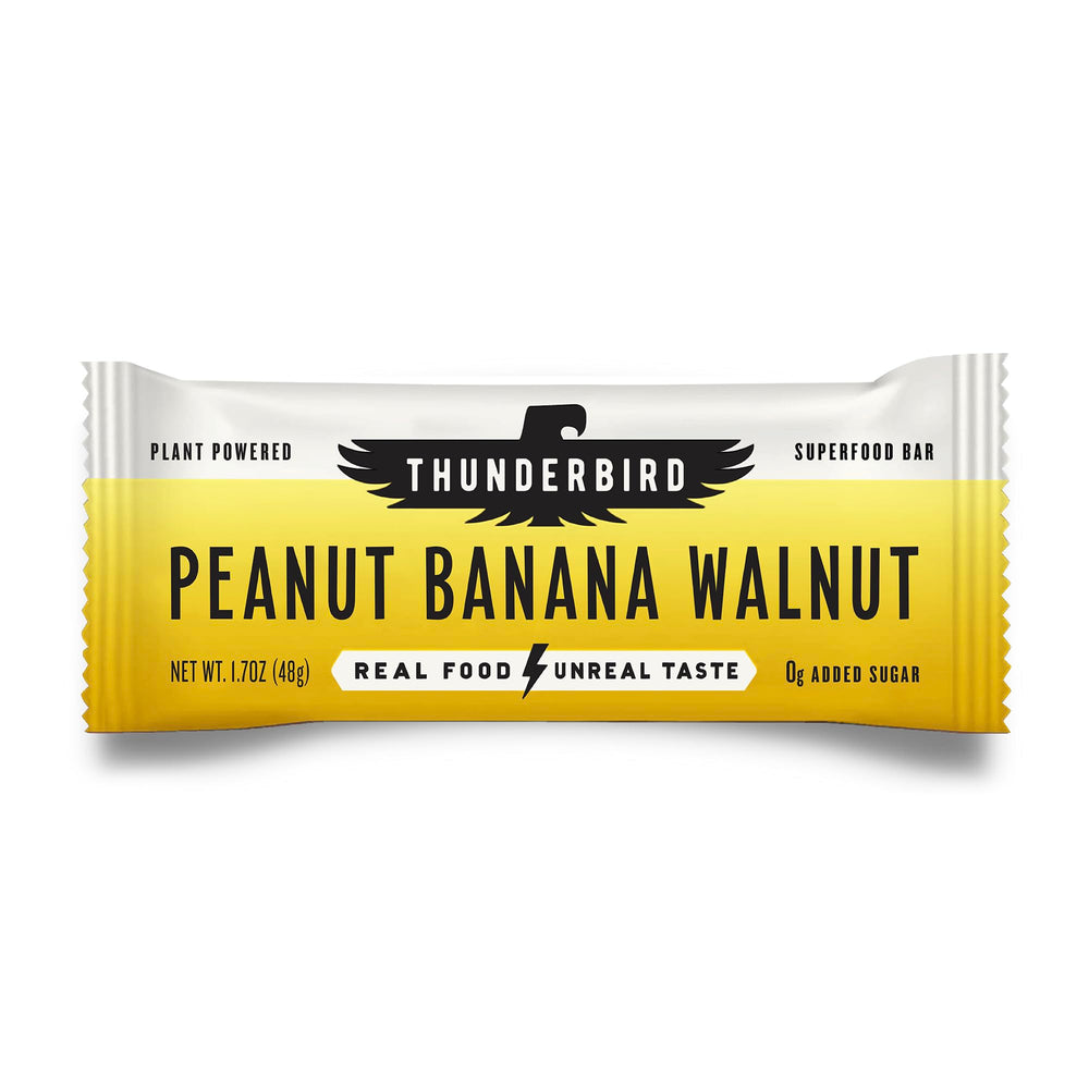 Thunderbird Bars peanut banana walnut packshot shows an energizing, grab-and-go snack