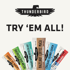 12-count box of Thunderbird Bars Snickerdoodle Cashew Tahini on kitchen shelf
