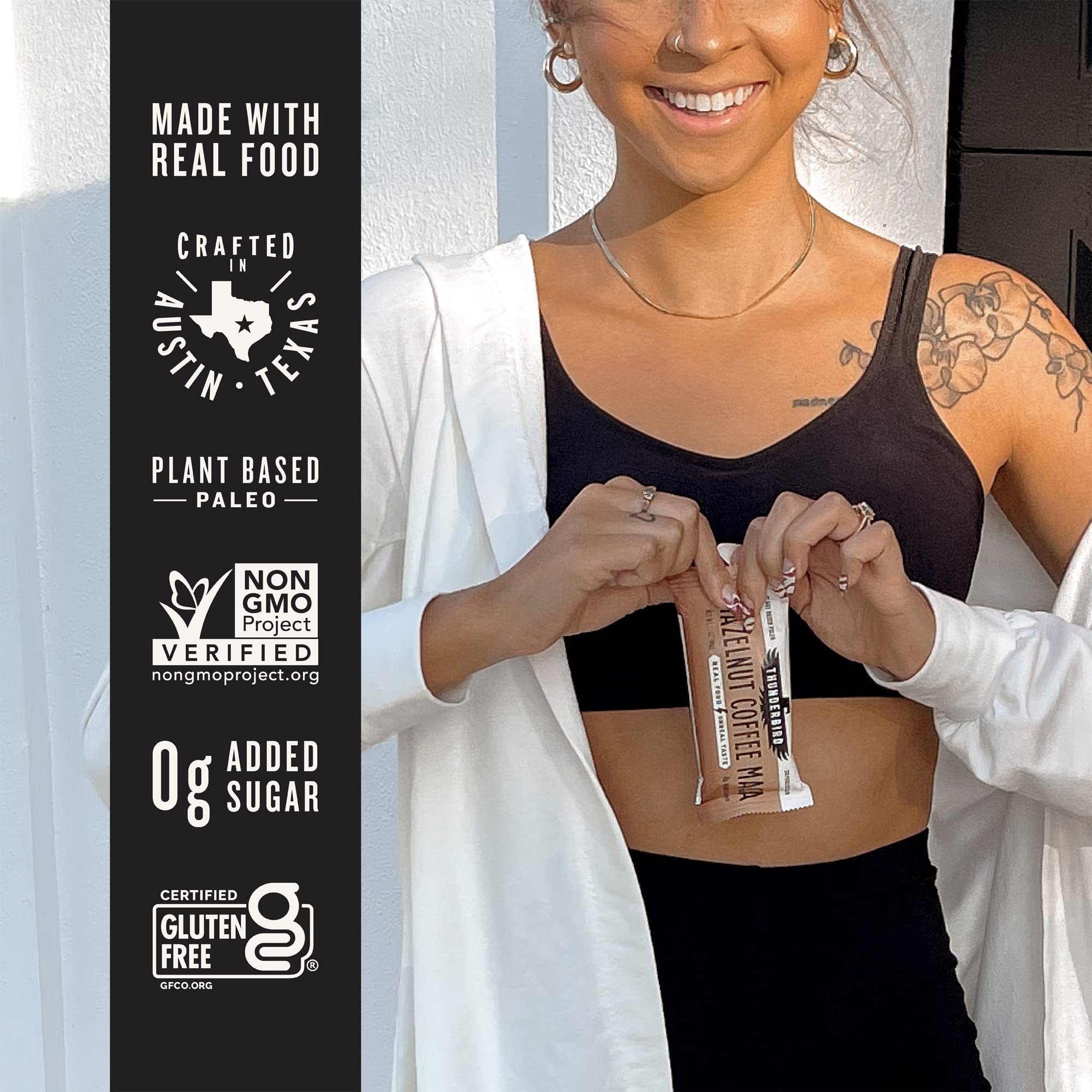 Thunderbird Real Food Bars assembly packaging highlights gluten-free and paleo identity for on-the-go snacking.