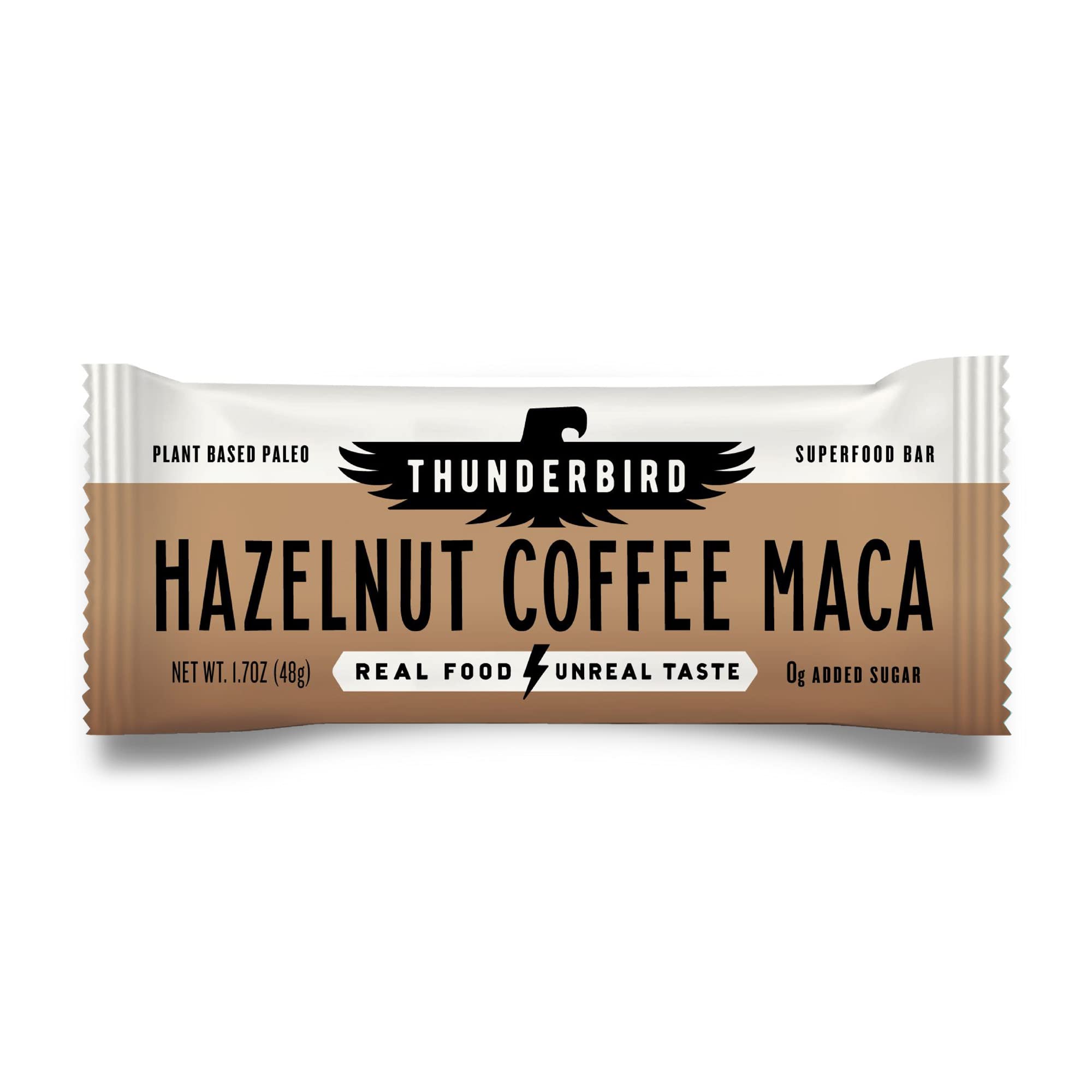 Thunderbird Real Food Bars hazelnut coffee maca bar on wrapper, convenient energy boost.