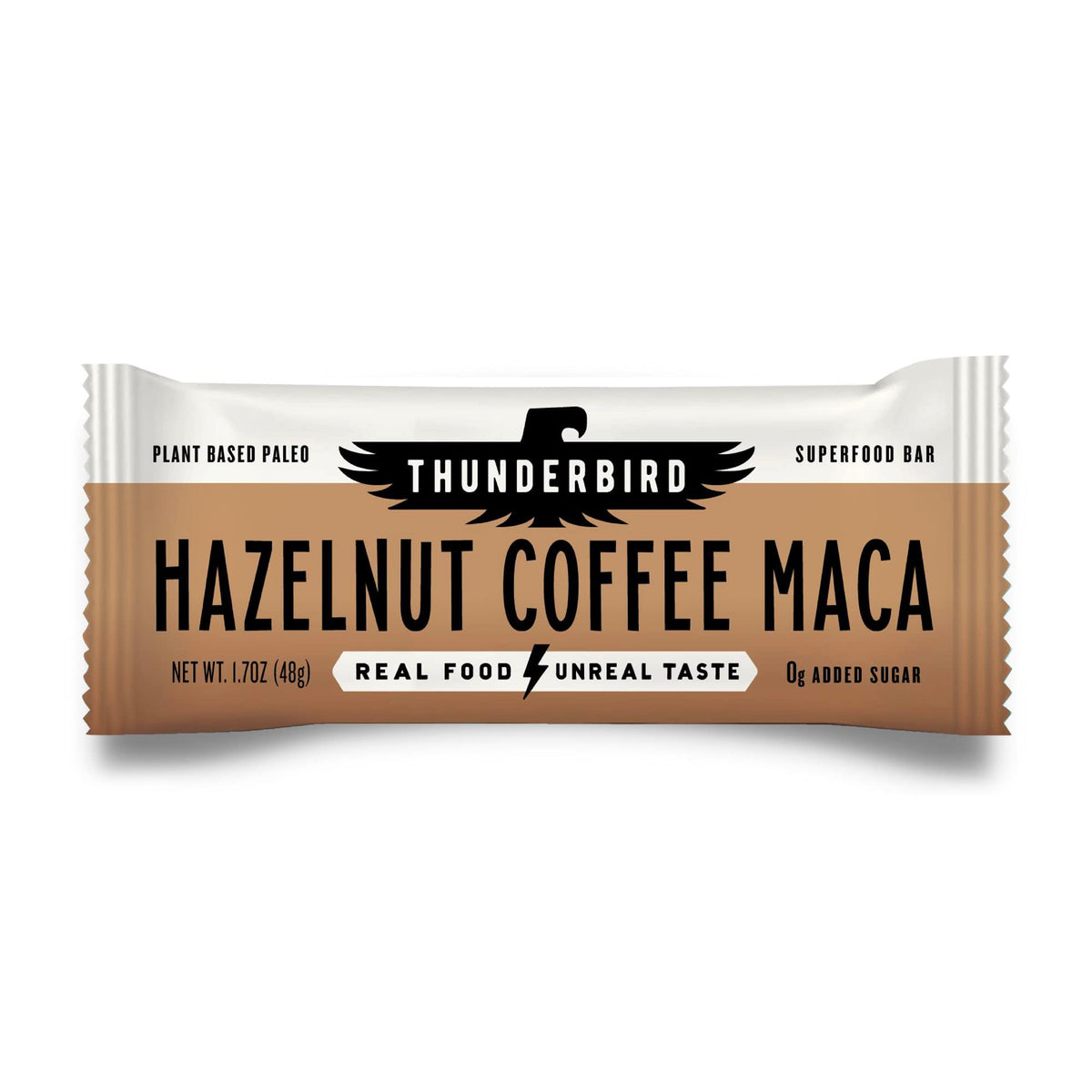 Thunderbird Real Food Bars hazelnut coffee maca bar on wrapper, convenient energy boost.