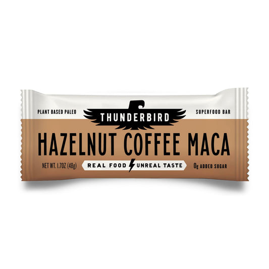 Thunderbird Real Food Bars hazelnut coffee maca bar on wrapper, convenient energy boost.