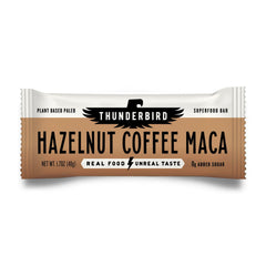 Thunderbird Real Food Bars hazelnut coffee maca bar on wrapper, convenient energy boost.
