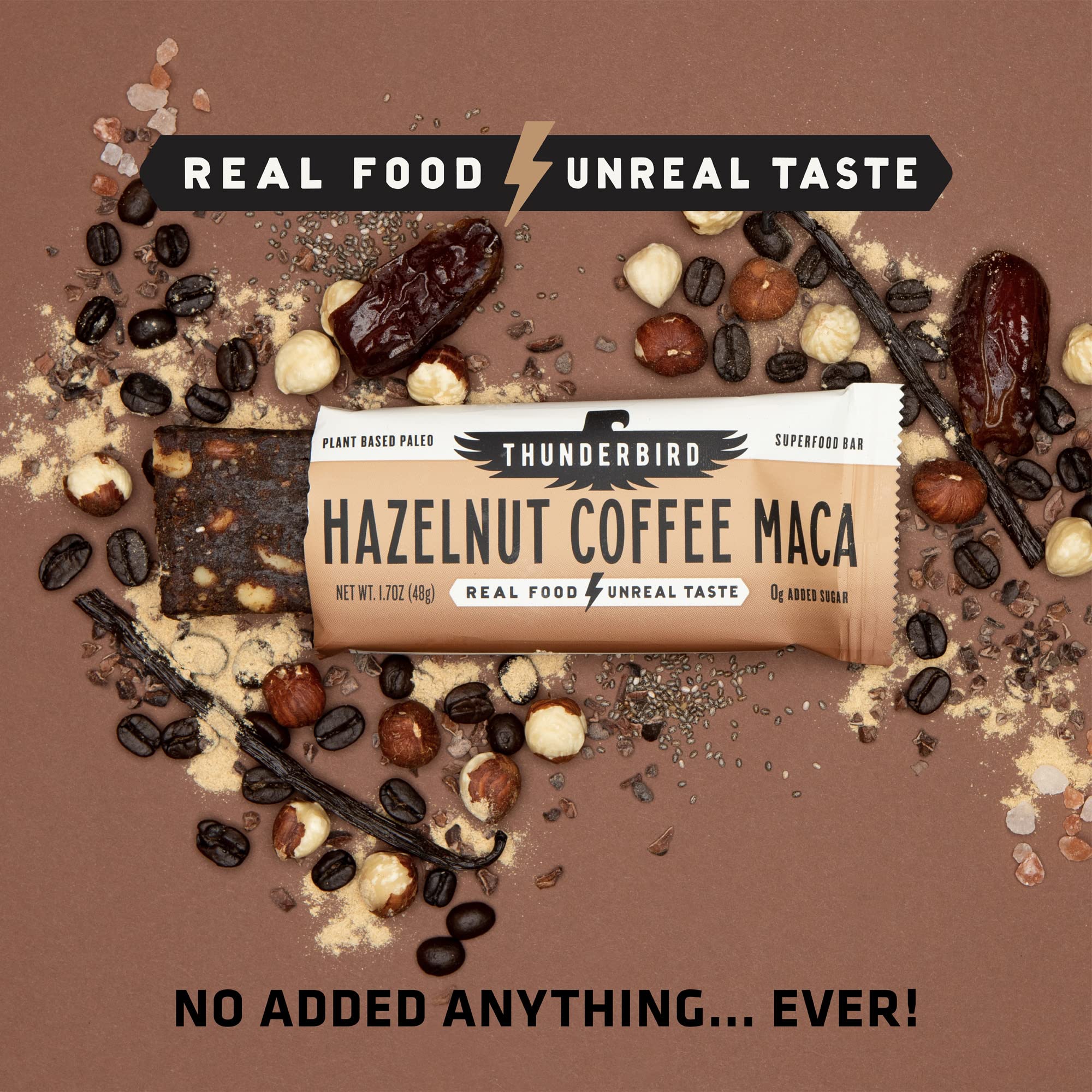 Thunderbird Real Food Bars no-added-sugar design communicates natural sweetness and guilt-free snacking.