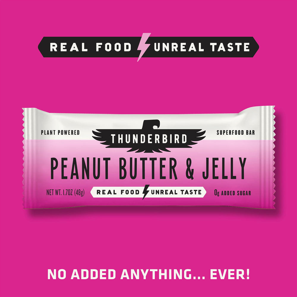 Nutrition-friendly closeup of Thunderbird Real Food Bars Peanut Butter Jelly with visible ingredients