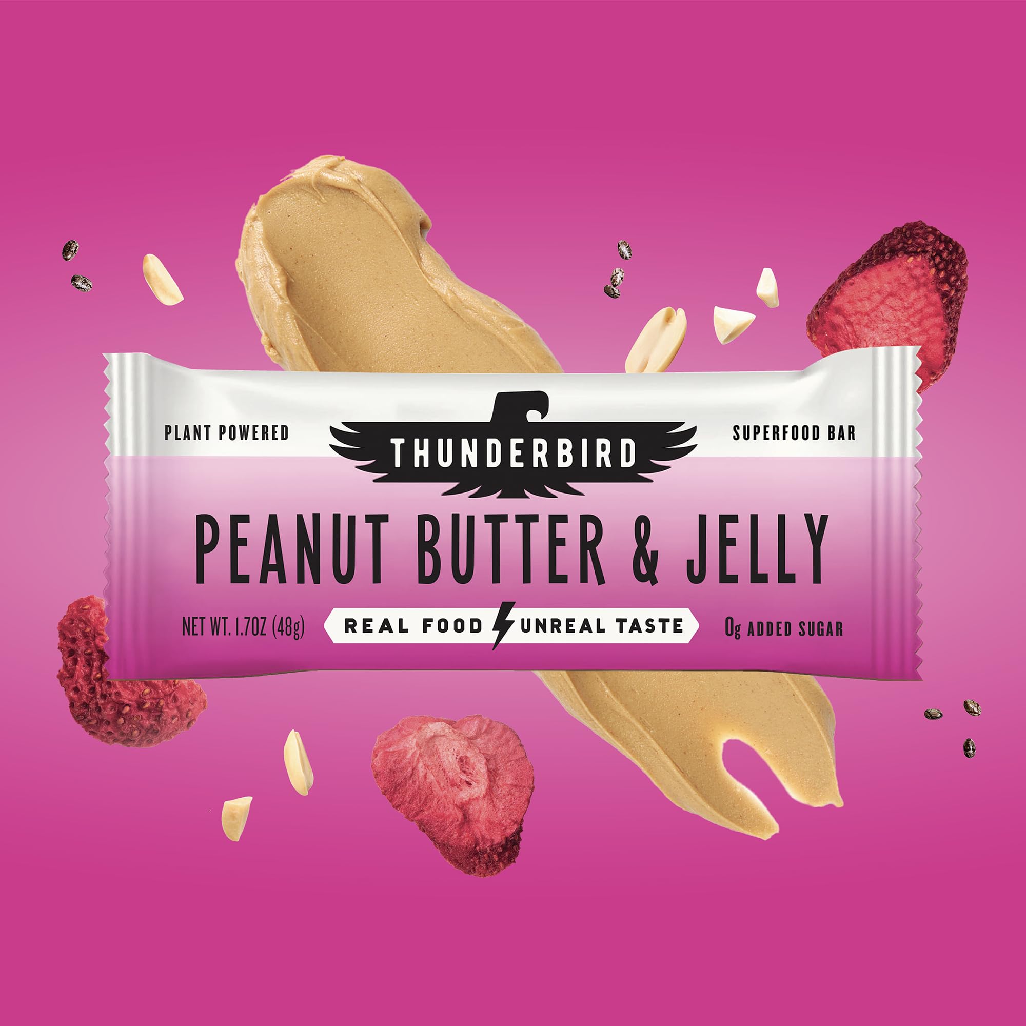 Close-up nutrition panel of Thunderbird Real Food Bars Peanut Butter Jelly for quick reference