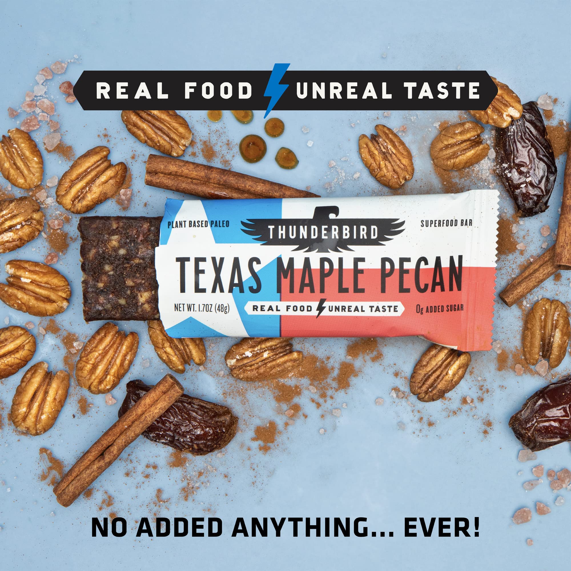 Thunderbird Texas Maple Pecan bar in-hand highlighting gluten-free benefits.