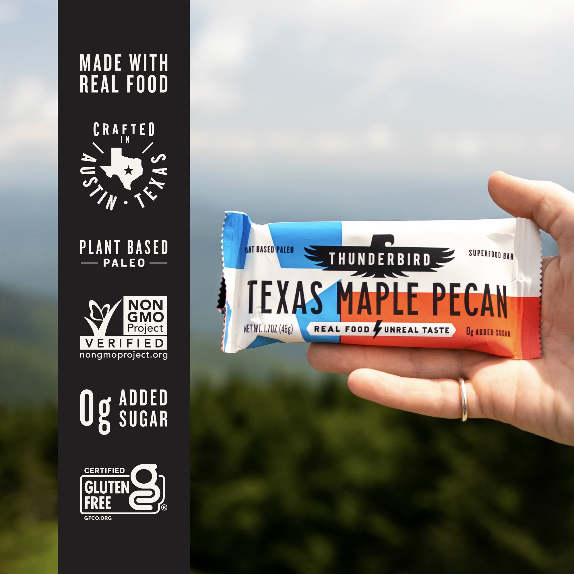 Thunderbird Texas Maple Pecan bar closeup reveals a rich, nutty texture.