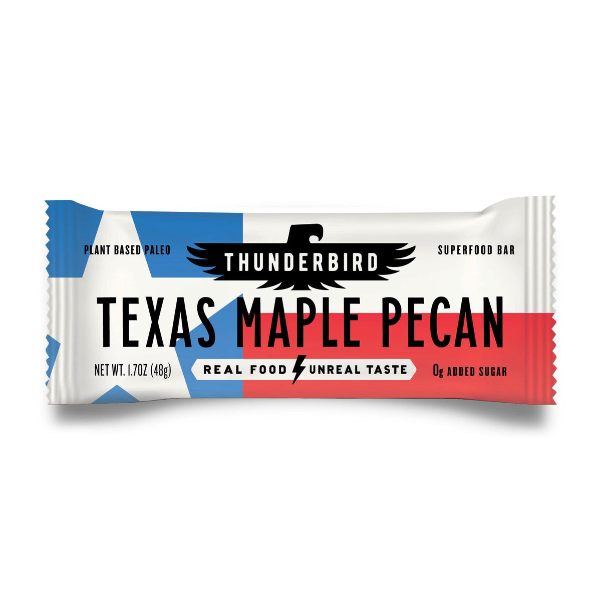 Thunderbird Texas Maple Pecan bar packaging highlights gluten-free assurance and clean ingredients.
