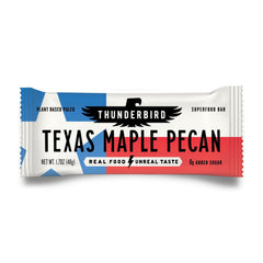Thunderbird Texas Maple Pecan bar packaging highlights gluten-free assurance and clean ingredients.