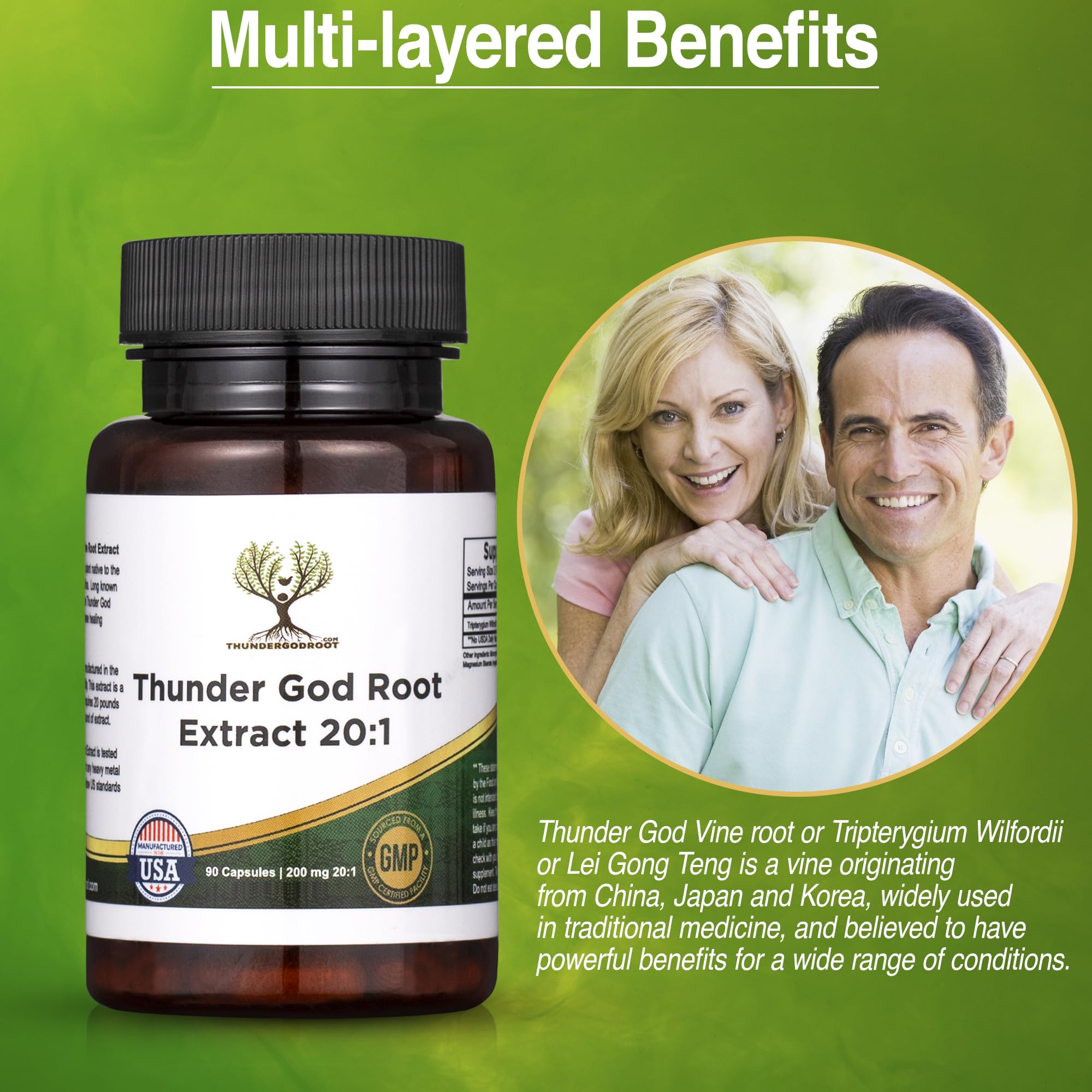 Thunder God Root bottle side showcasing GMP-certified label and USA-made quality