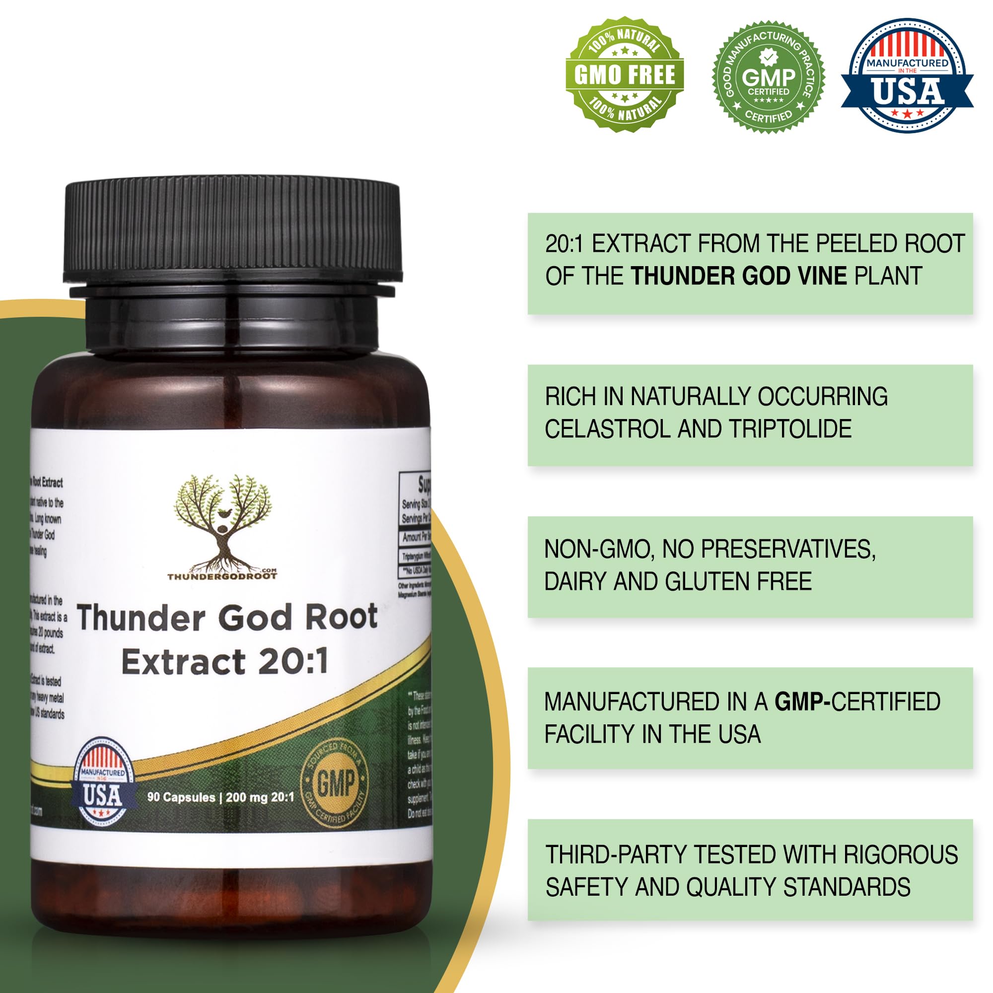 Thunder God Root capsules close-up highlighting 200mg strength per capsule