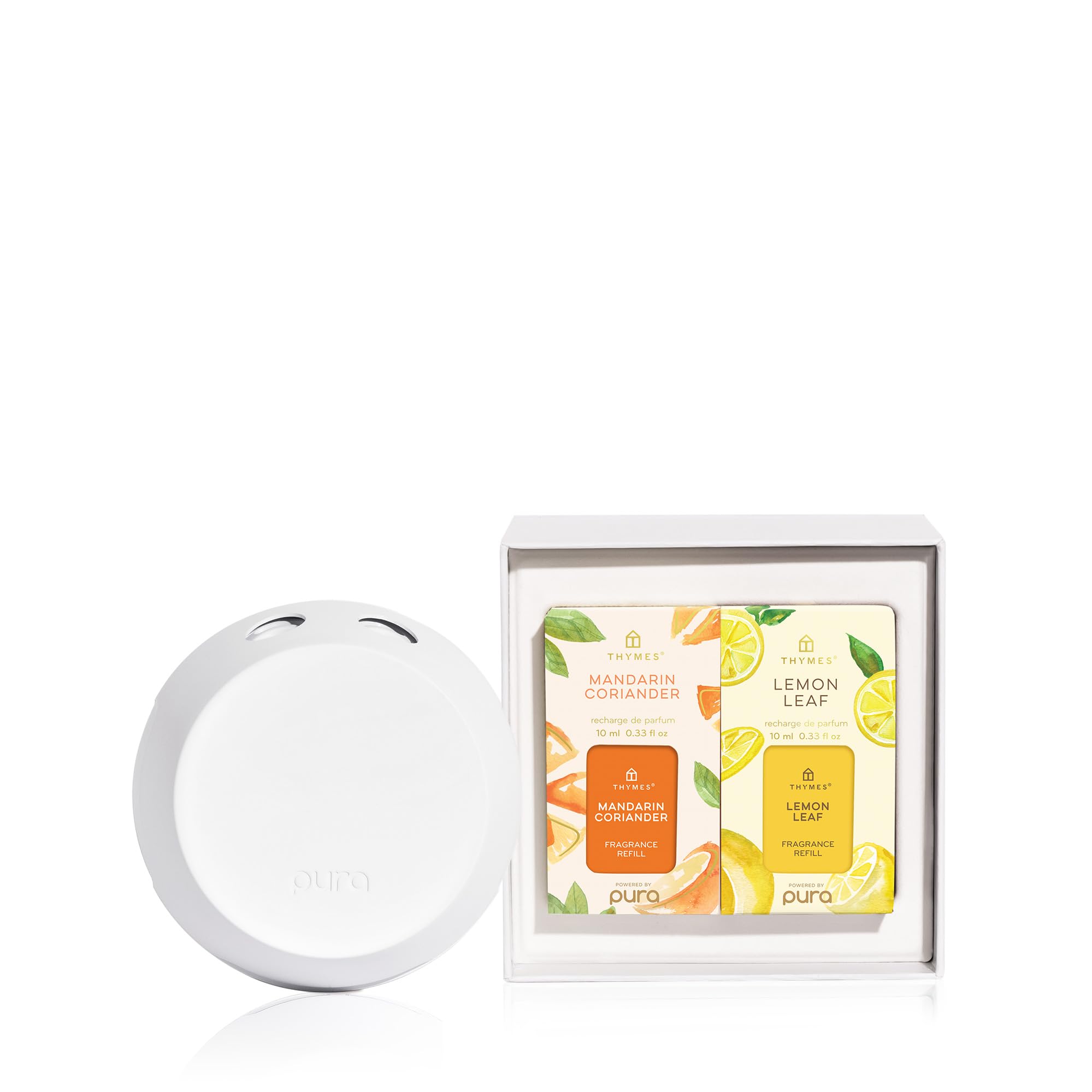 Thymes scent notes graphic illustrates Mandarin Coriander and Lemon Leaf profiles