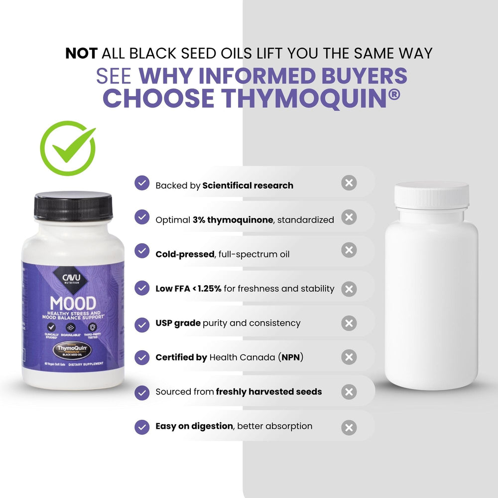 Brain-friendly visual illustrating serotonin balance with ThymoQuin Mood.