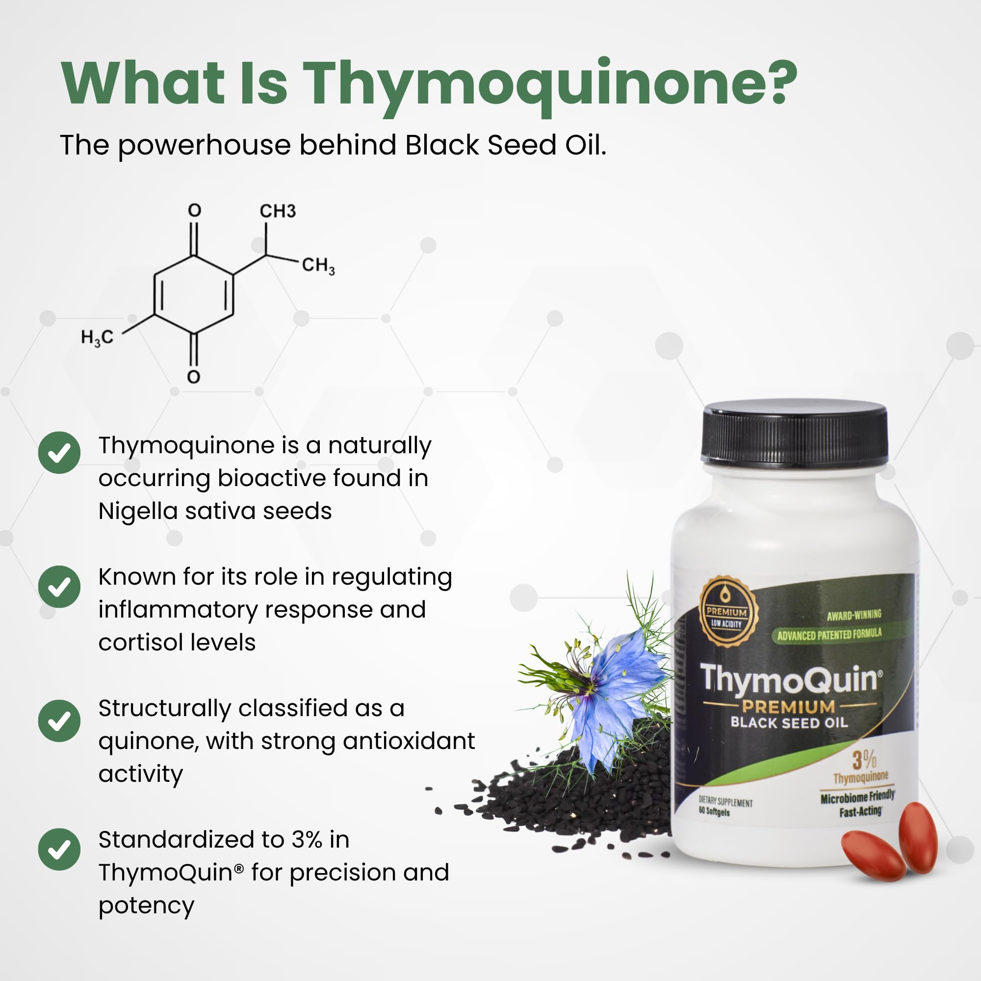 ThymoQuin capsules with seal emphasizing freshness and quality.