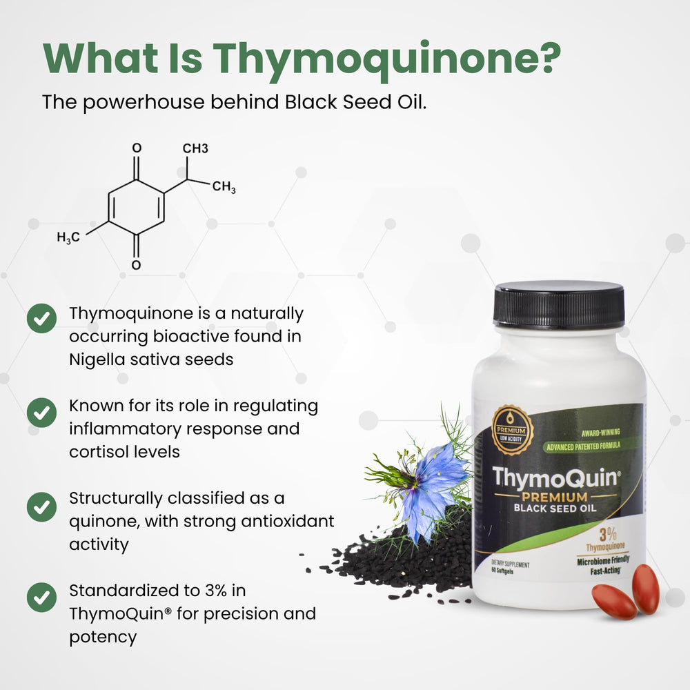 ThymoQuin capsules with seal emphasizing freshness and quality.