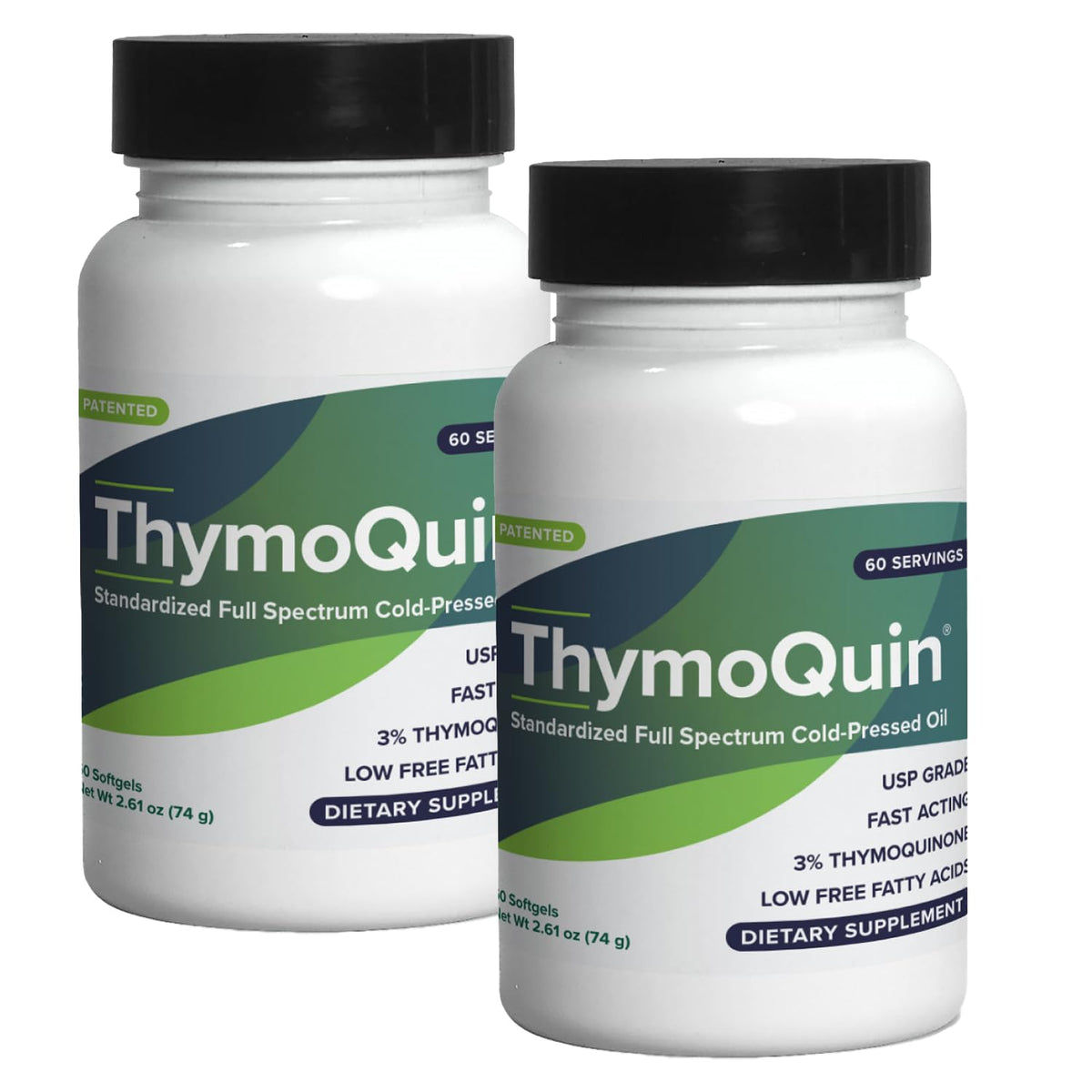 ThymoQuin cold-pressed black seed oil capsules bottle showcasing USP-grade formulation for daily wellness.