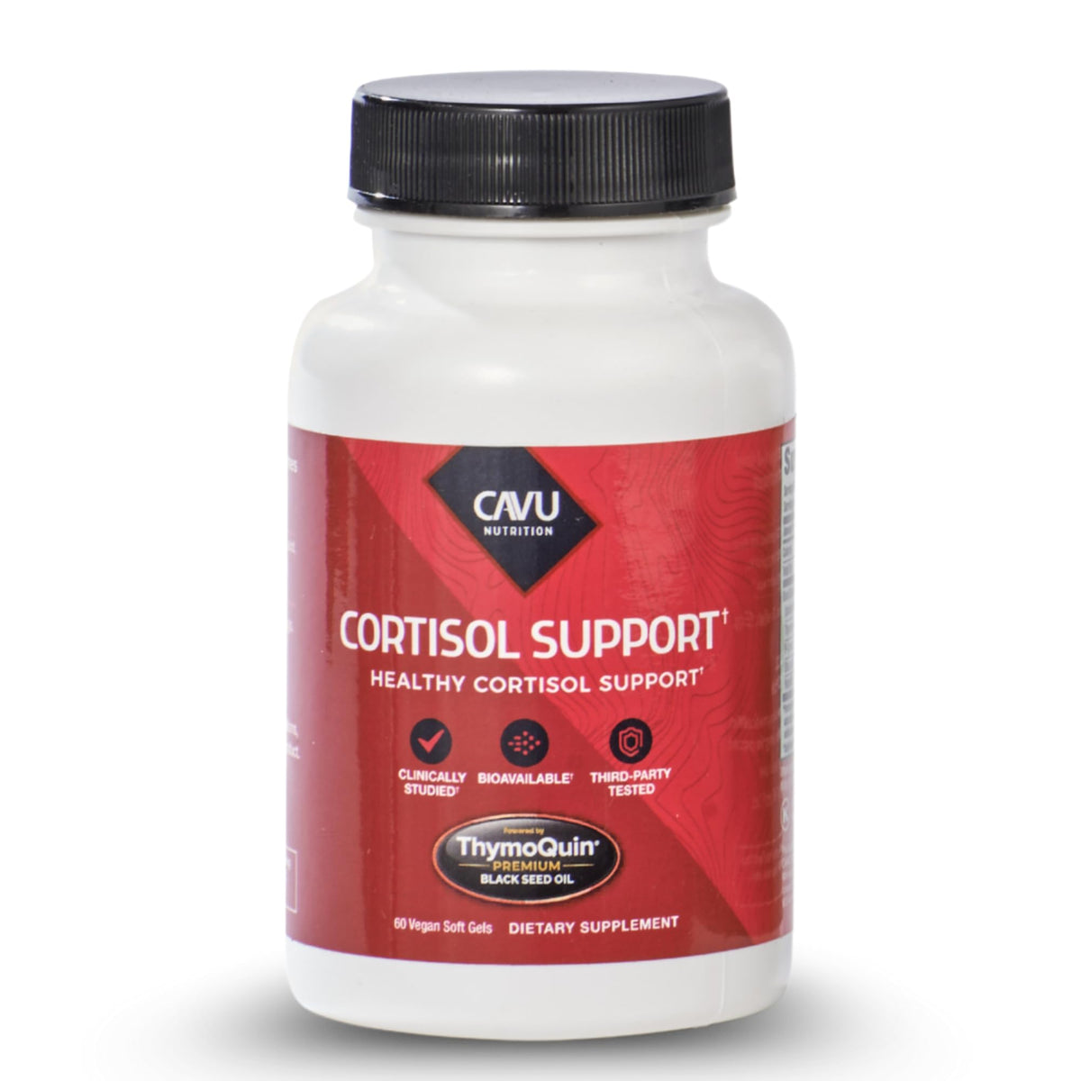 ThymoQuin Cortisol Manager bottle close-up showing vegan formula for stress support and easy daily use