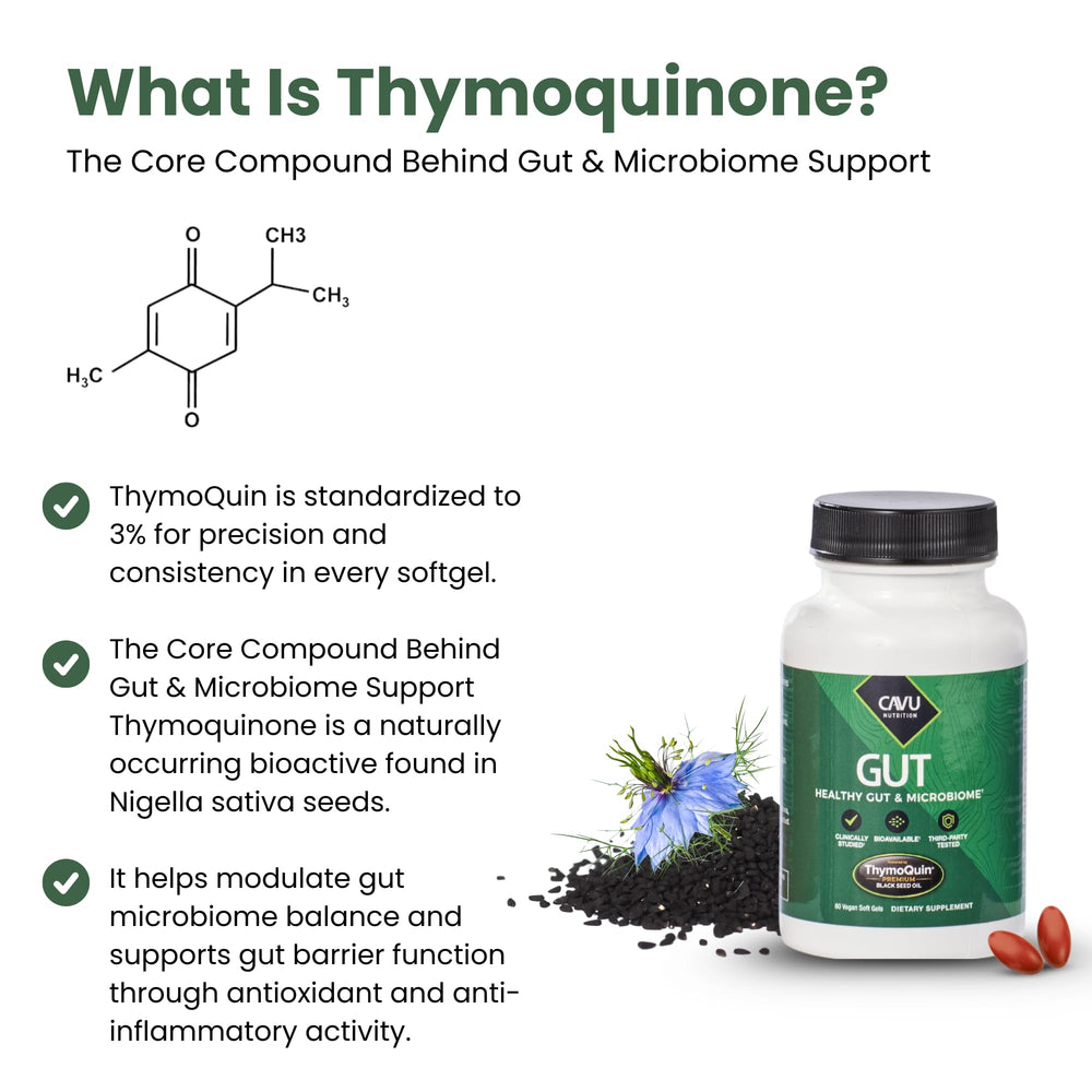 ThymoQuin daily digestive routine setup on wood surface.