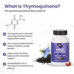 Sealed ThymoQuin bottle on shelf signaling vegan, non-GMO formula.