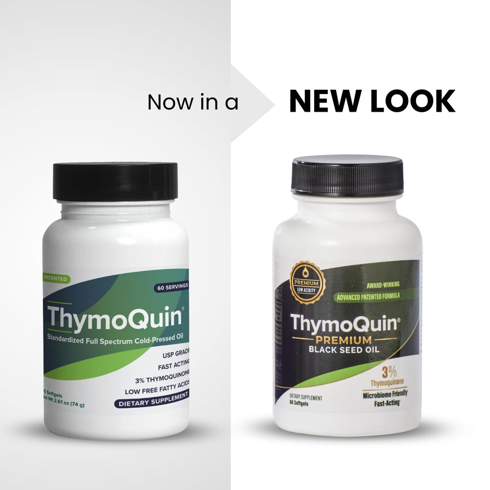 ThymoQuin softgel capsules closeup emphasizing 3 percent thymoquinone for antioxidant support.