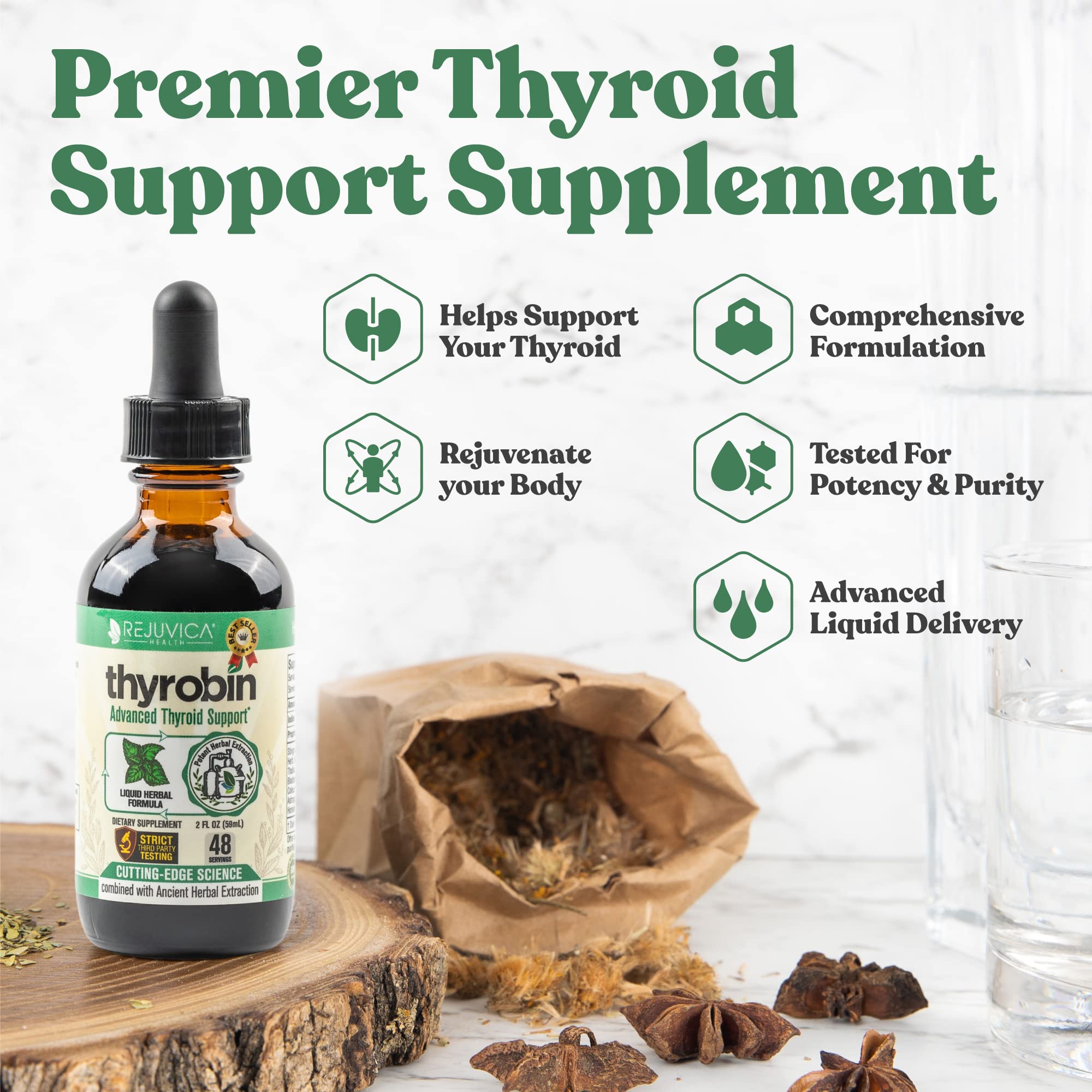 Thyrobin dropper dispensing for easy, alcohol-free intake.