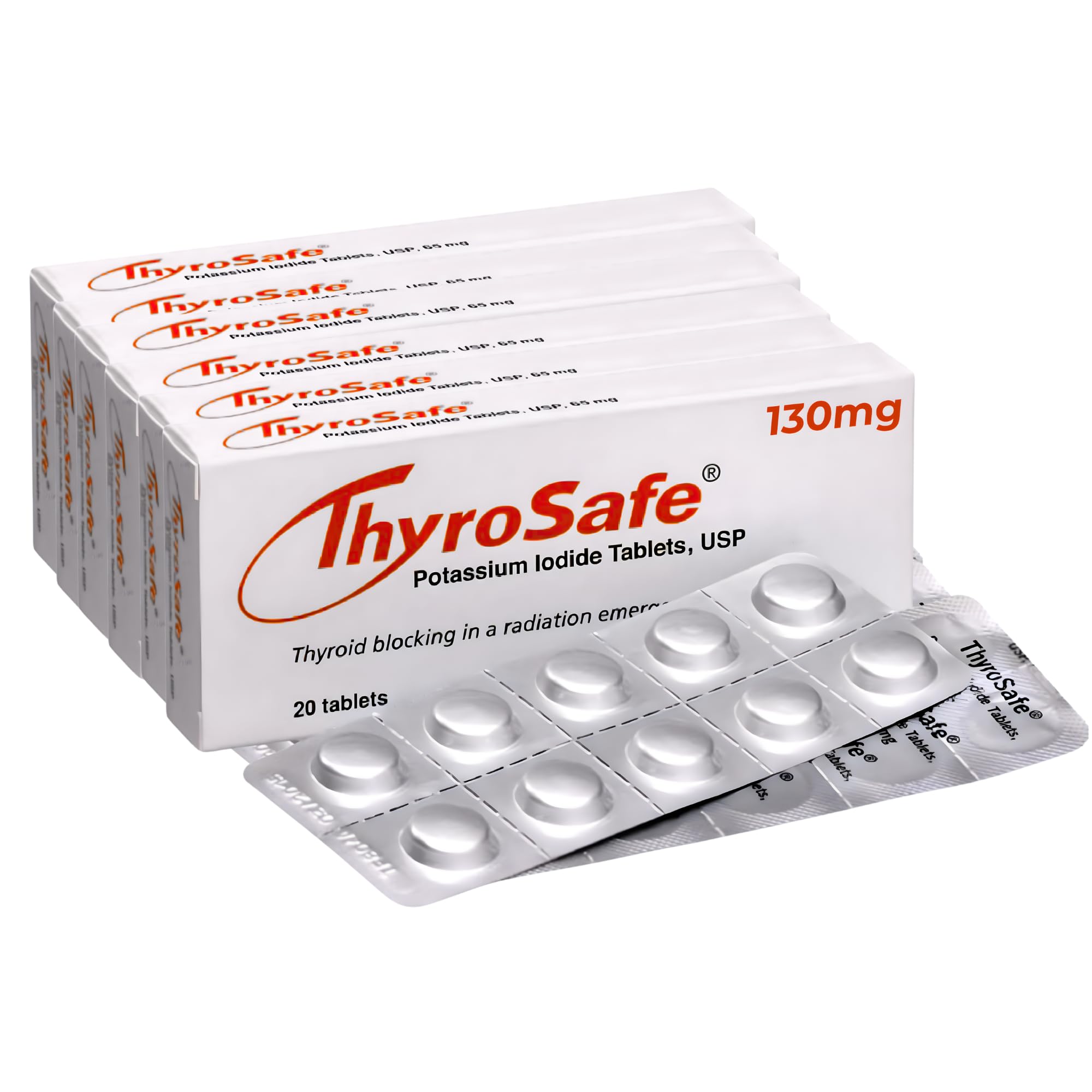 THYROSAFE 130mg KI tablets in foil-wrapped bottle for long-term emergency storage.