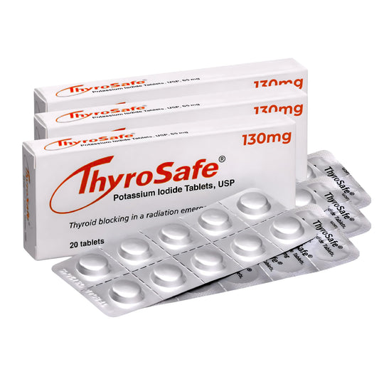ThyroSafe 130mg tablet bottle showing easy dosing and preparedness.