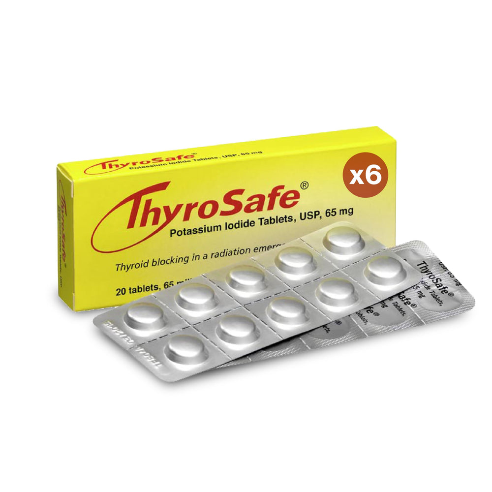ThyroSafe 65mg potassium iodide tablets packaging front for emergency readiness and shelf life.