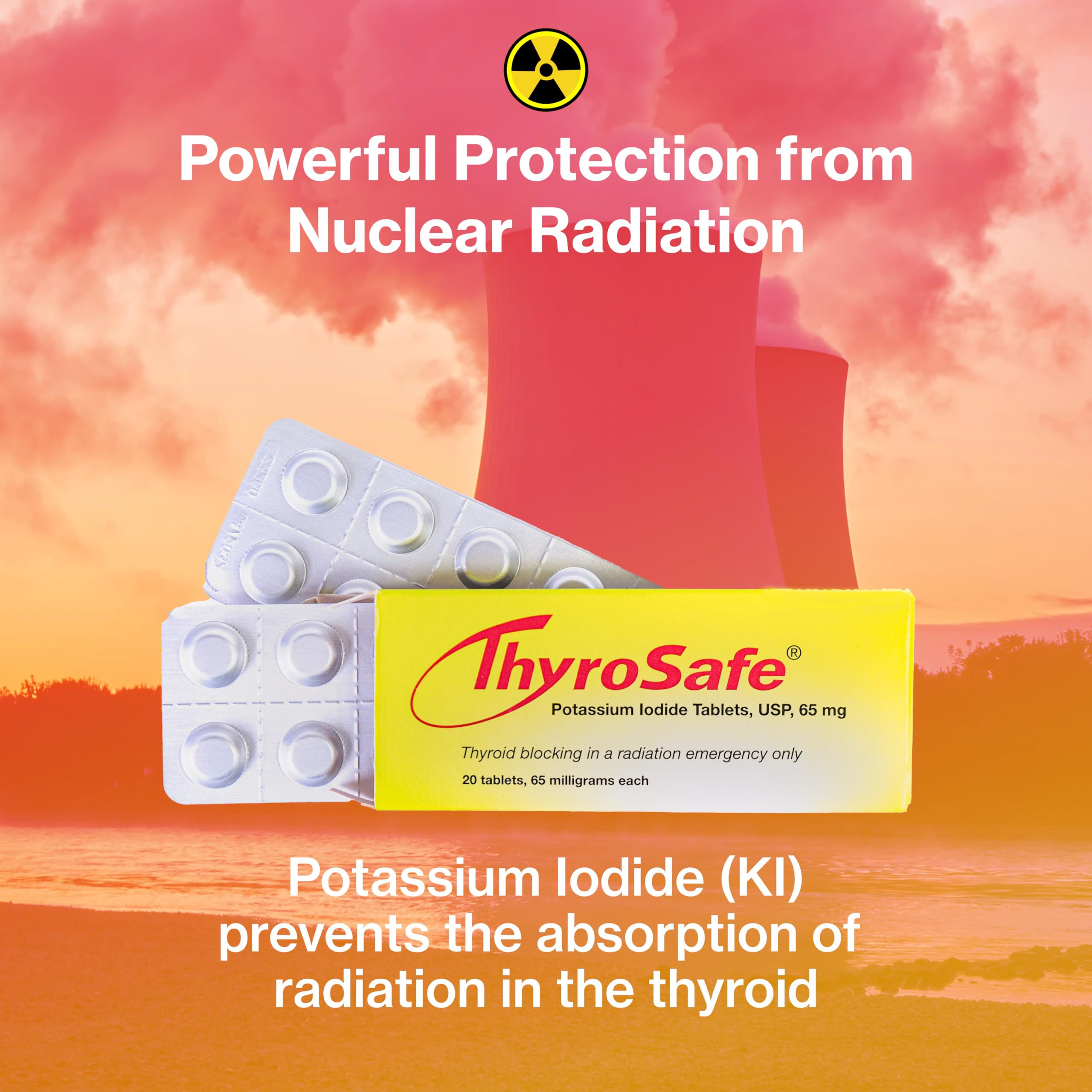ThyroSafe tablets shown scored for easy dosing during emergencies.