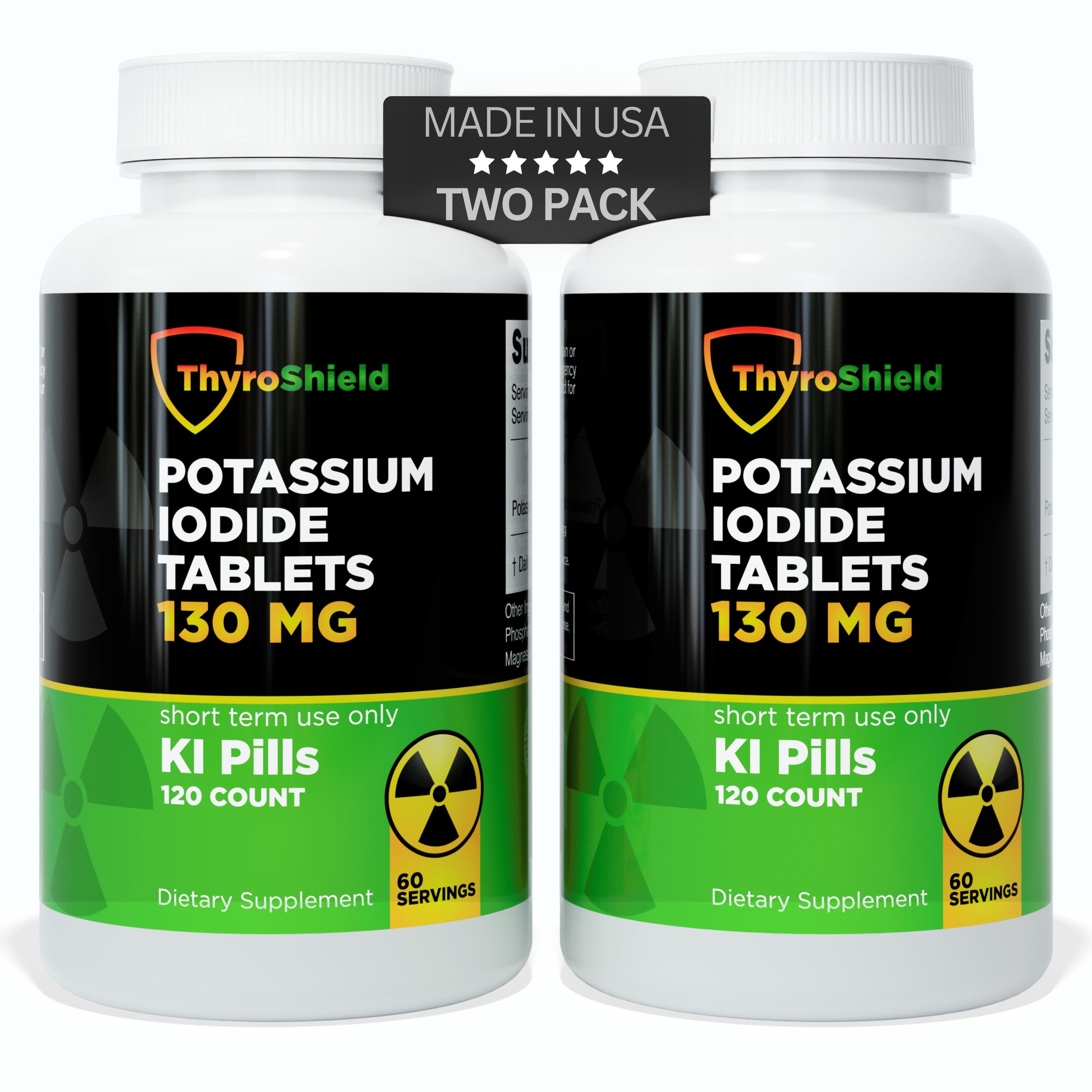 ThyroShield potassium iodide tablets 130mg bottle shown for compact radiation protection option.