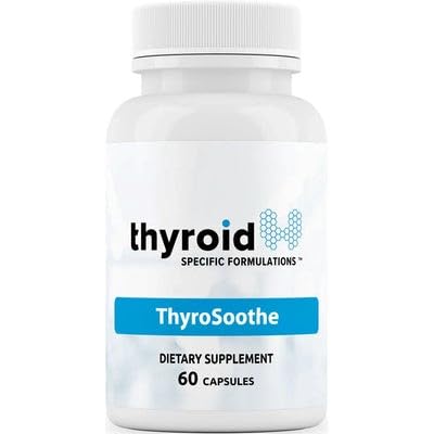 ThyroSoothe bottle close-up showing the label for balanced thyroid support