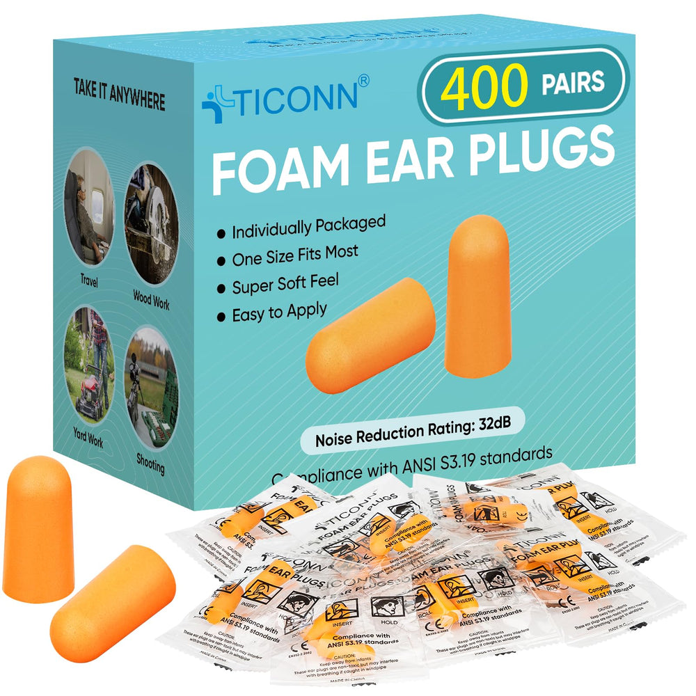 TICONN bulk-pack ear plugs, 400 pairs, boxed for travel and work protection