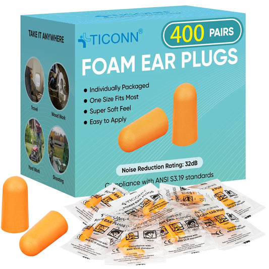 TICONN bulk-pack ear plugs, 400 pairs, boxed for travel and work protection