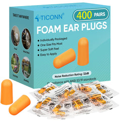 TICONN bulk-pack ear plugs, 400 pairs, boxed for travel and work protection