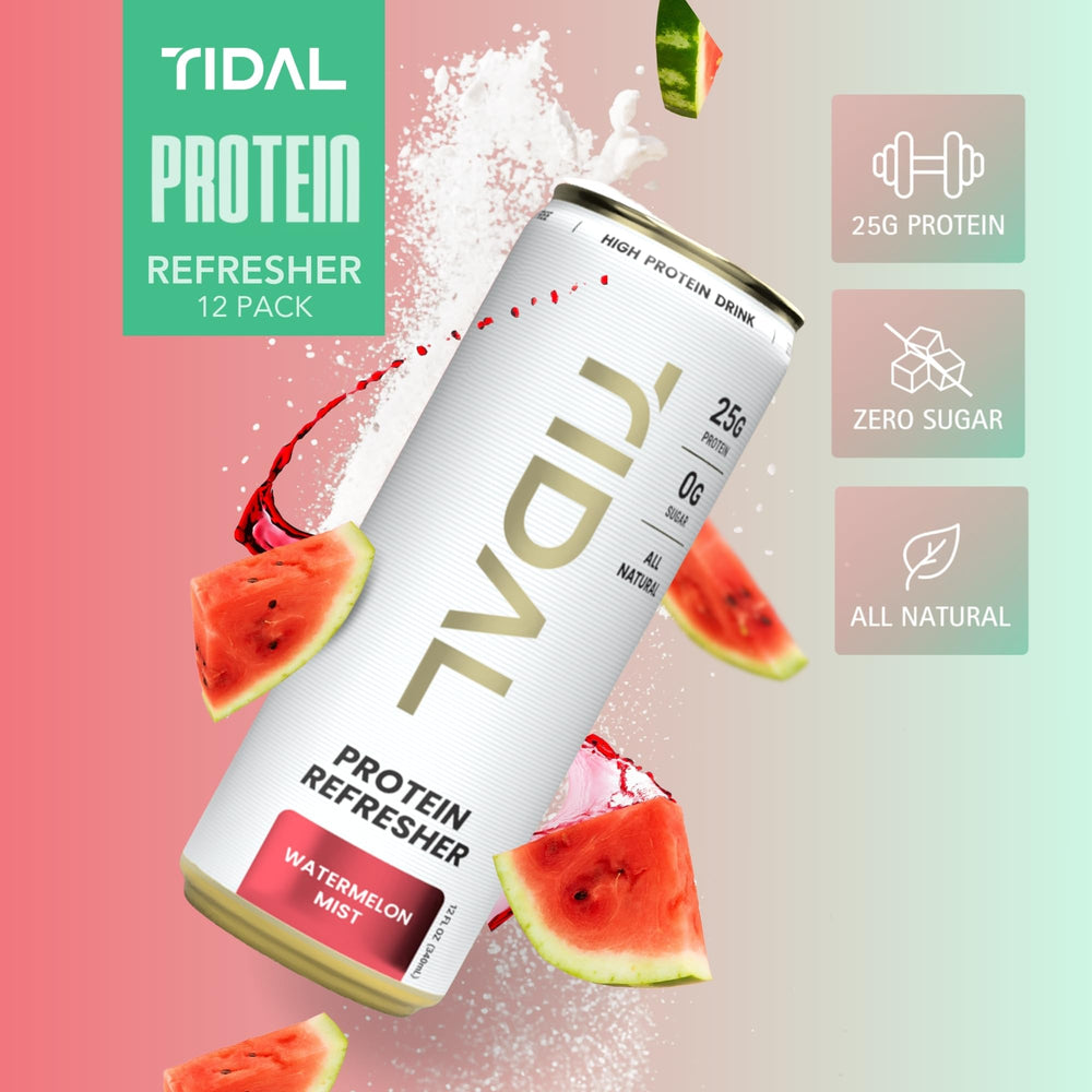 TIDAL Protein Refresher Watermelon Mist bottle highlights refreshing flavor and hydration.