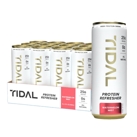 TIDAL Protein Refresher pack shot showing a twelve-pack for convenient on-the-go protein.