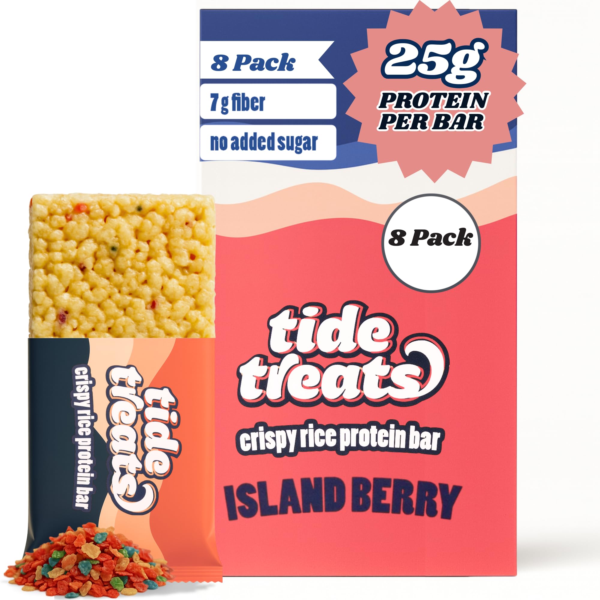 Tidetreats Crispy Rice Bar Island Berry packaging for on-the-go protein snacking