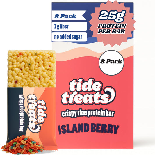 Tidetreats Crispy Rice Bar Island Berry packaging for on-the-go protein snacking