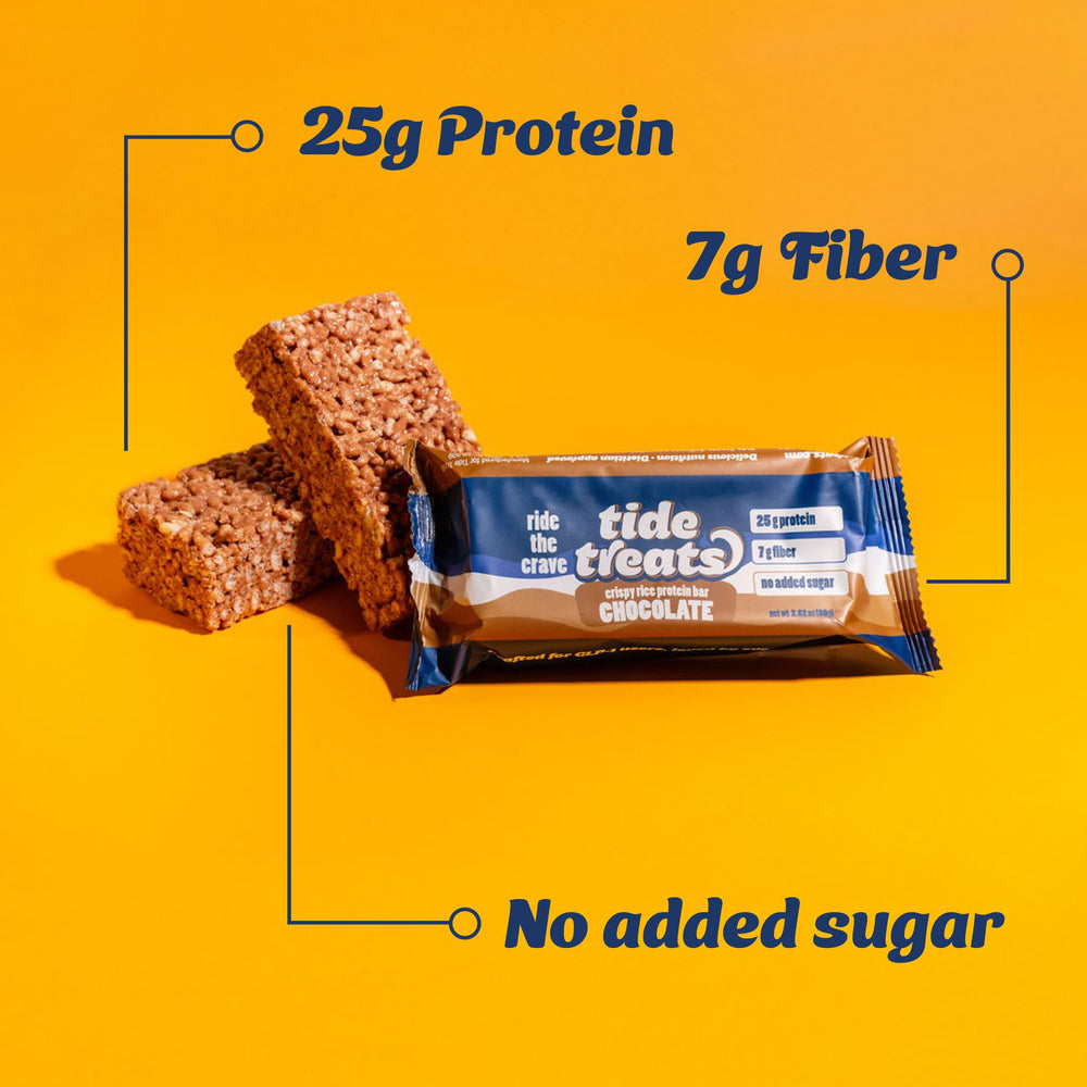 Tidetreats Crispy Rice Bar nutrition panel shows 25g protein per bar.